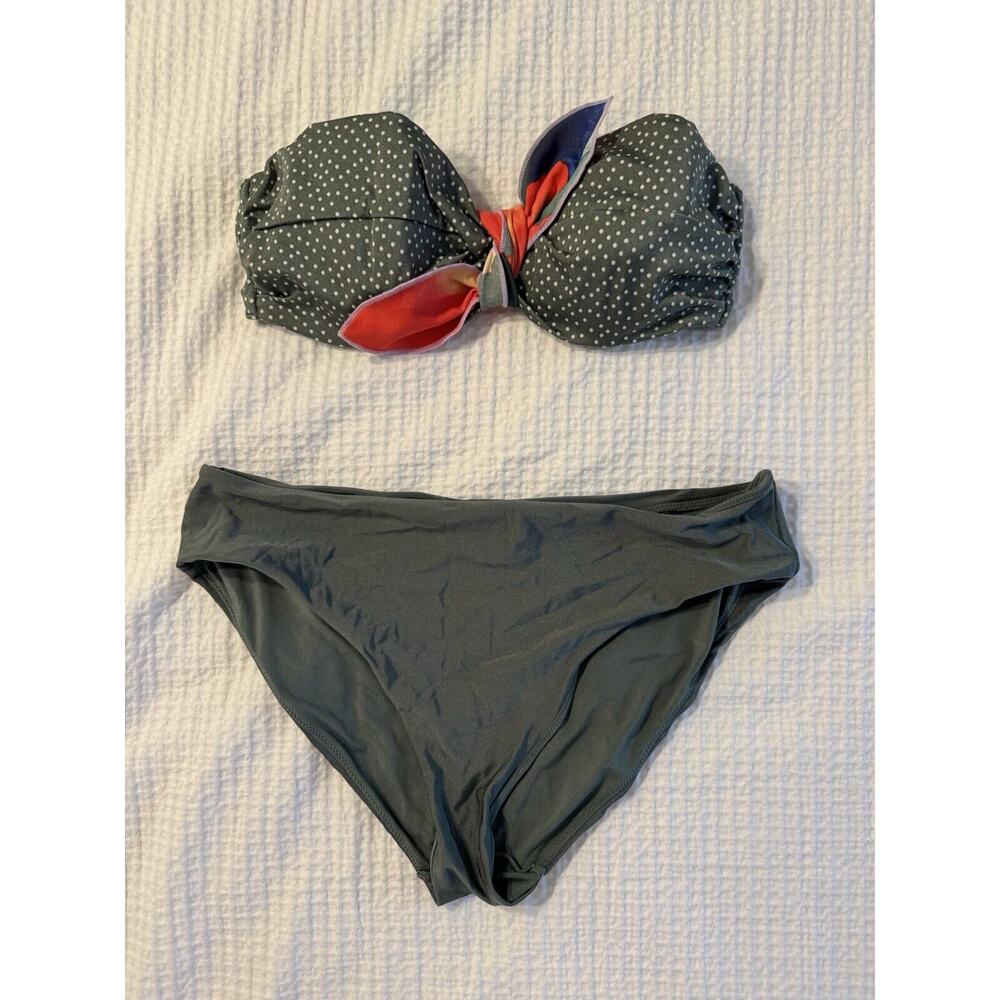 H&M Green Bathing Suit Polka Dot Strapless US 10 Removable Tie Full Coverage
